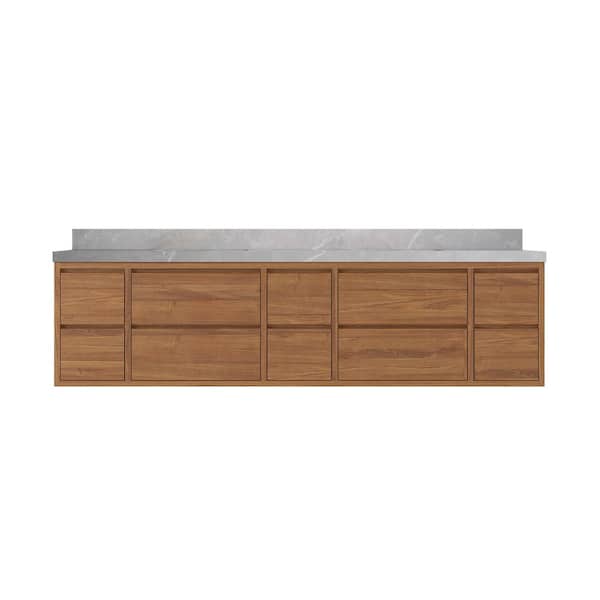 Willow Collections Madison Float 84 in. W x 22 in. D x 36 in. H Double Sink Bath Vanity in Dark Natural with 2" Pearl Gray Qt. Top