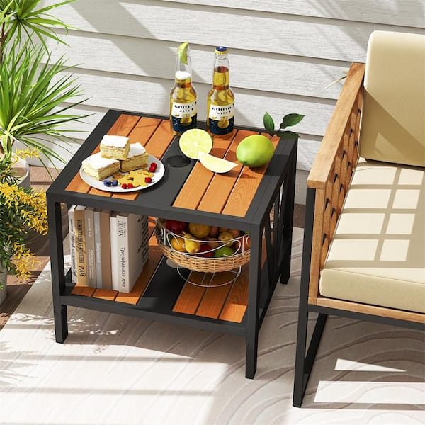 Outdoor Side Table with 1.57 in. Umbrella Hole 2-Tier Patio Metal End Table with Storage Shelf 2-Piece