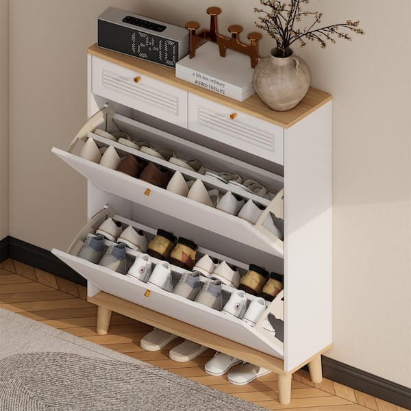 Modern Freestanding Wooden Narrow White Entry Shoe Cabinet with 2-Flap Doors and 2-Drawers