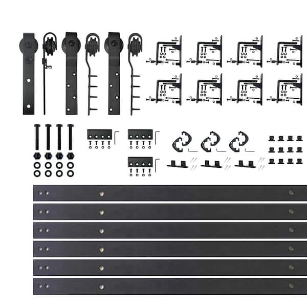 HOMACER 11 ft./132 in. Black Rustic Inverted Bent Triple Track Bypass Sliding Barn Door Track and Hardware Kit for Triple Doors