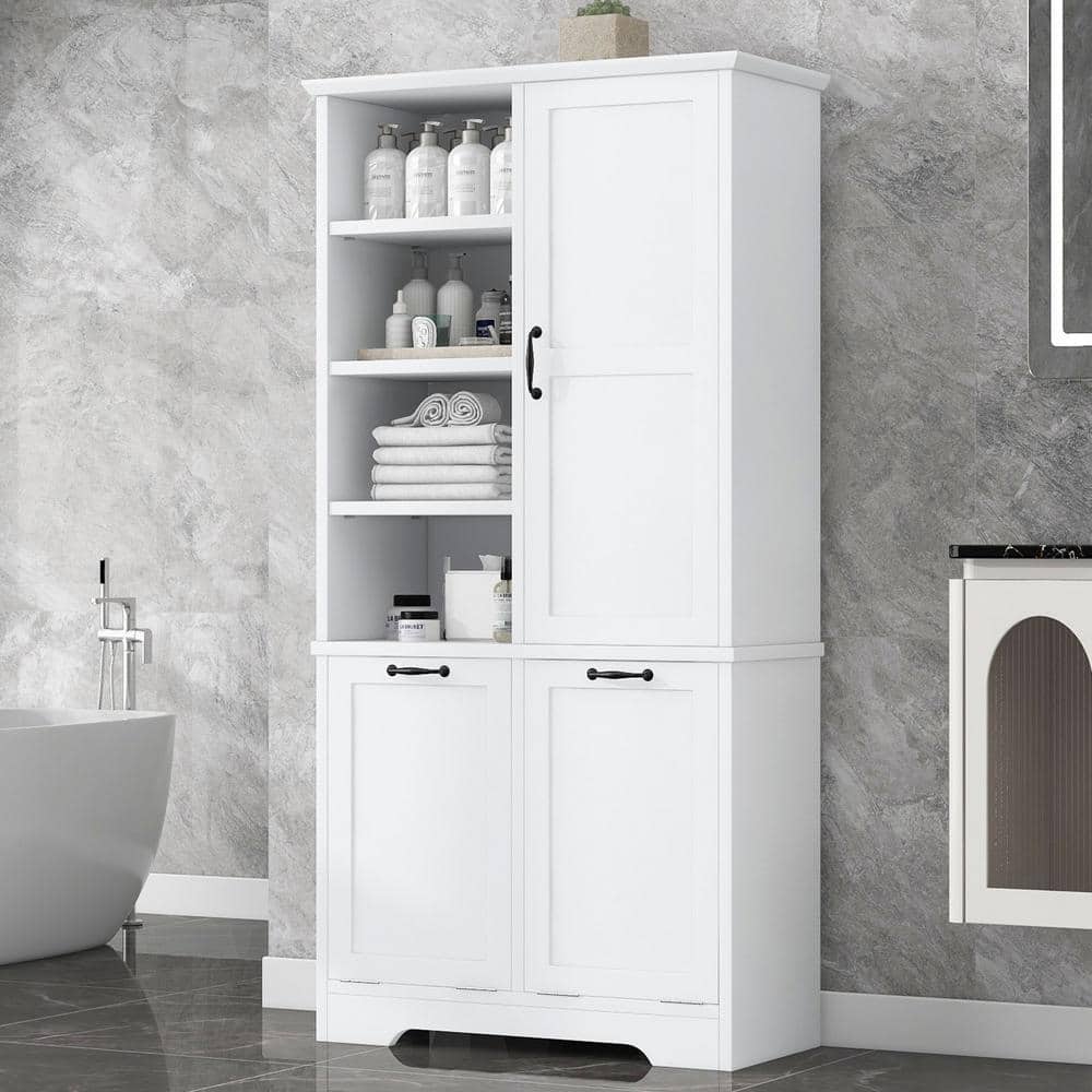 31 in. W x 14 in. D x 68 in. H White MDF Freestanding Linen Cabinet with Ad