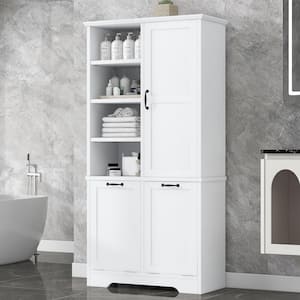 31 in. W x 14 in. D x 68 in. H White MDF Freestanding Linen Cabinet with Adjustable Shelves and Laundry Hamper in White