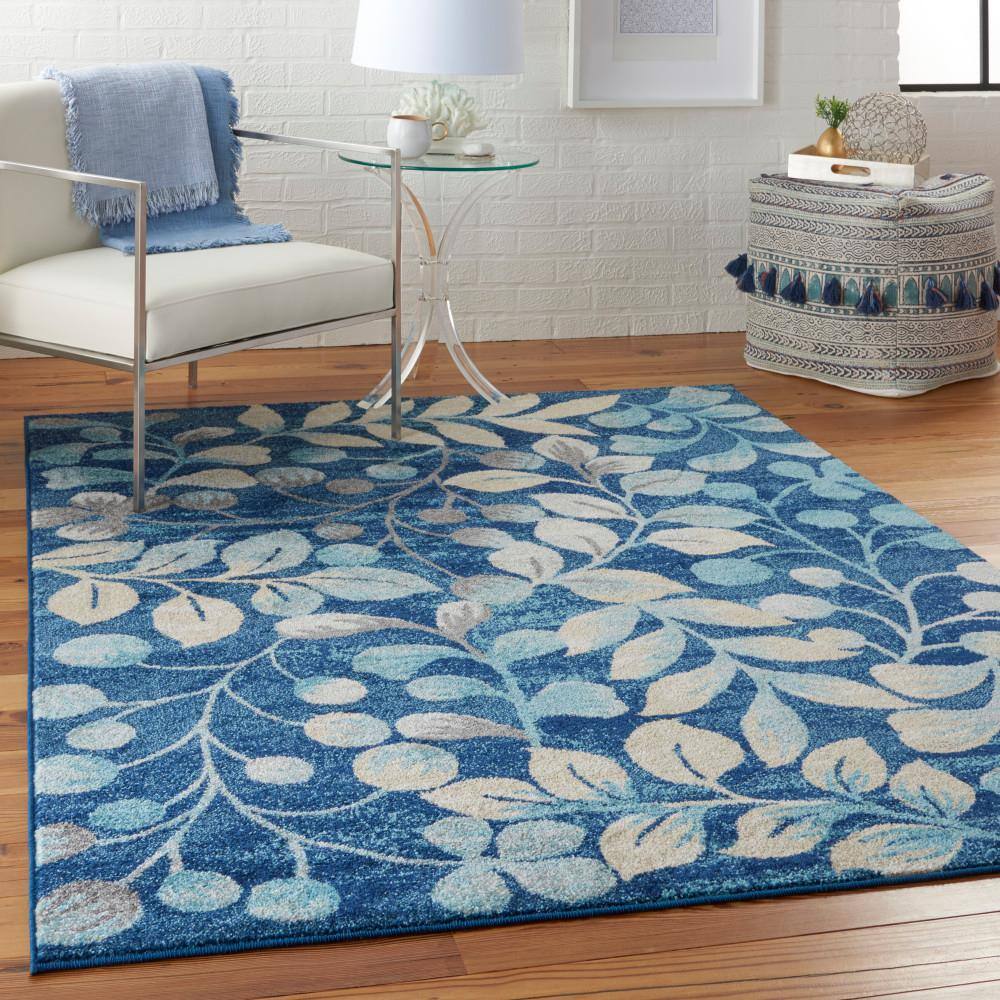 Elegant Navy Floral 5'3" x 7'3" Synthetic Easy-Care Area Rug