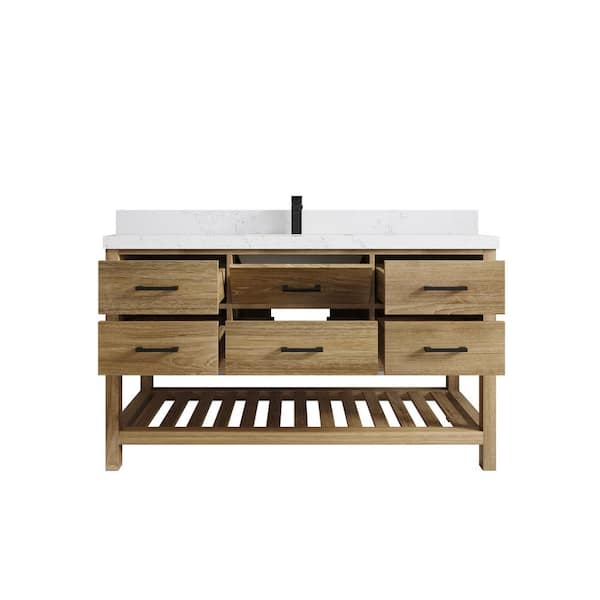 Willow Collections Parker Teak 60 in. W x 22 in. D x 36 in. H Single Sink Bath Vanity in Premium Polish with Empira White Quartz Top