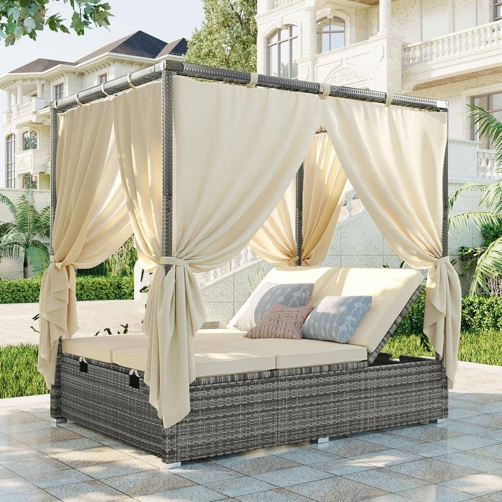 Harper & Bright Designs Gray Wicker Outdoor Day Bed with Beige Cushions ...