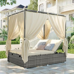 Gray Wicker Outdoor Day Bed with Beige Cushions with Canopy