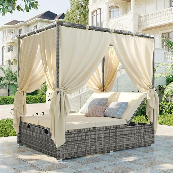 Harper & Bright Designs Gray Wicker Outdoor Day Bed with Beige Cushions with Canopy