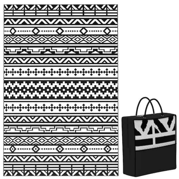 Black and White 6 ft. x 9 ft. Geometric Wall Waterproof Plastic Reversible Outdoor Rug Large Straw Floor Mat Area Rug