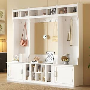 Multi-functional 4-in-1 Wide Design White Hall Tree with Storage Cabinets, Coat Racks and Shoe Cubbies