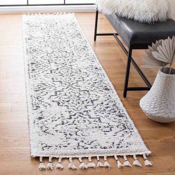 Moroccan Tassel Shag 2 ft. x 9 ft. Ivory/Black Distressed Geometric Runner Rug