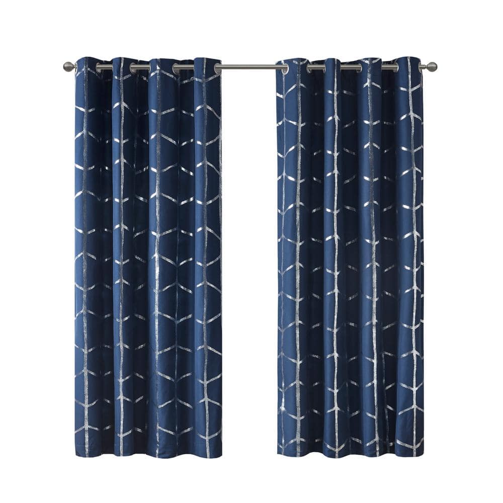 Navy Metallic Print Blackout Grommet Curtain Panel, 50x63
