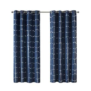 Khloe Navy/Silver Polyester 50 in. W x 63 in. L Total Blackout Metallic Print Grommet Top Curtain