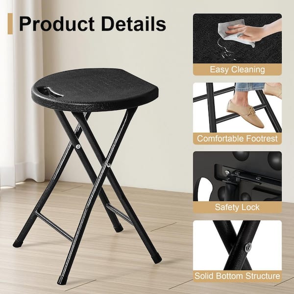 Folding Stool-Black Portable Heavy-Duty Steel Frame, 18 in. Height, Lightweight Space-Saving Seat for Indoor/Outdoor Use