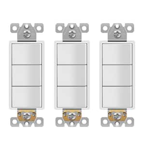 15 Amp 120-Volt to 277-Volt Triple Paddle Rocker Decorator Light Switch, Single Pole Residential Grade in White (3-Pack)