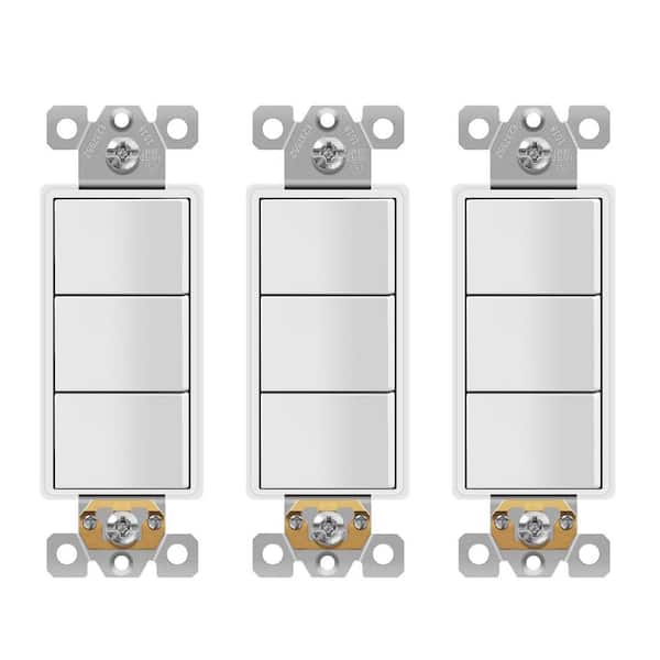 ENERLITES 15 Amp 120-Volt to 277-Volt Triple Paddle Rocker Decorator Light Switch, Single Pole Residential Grade in White (3-Pack)