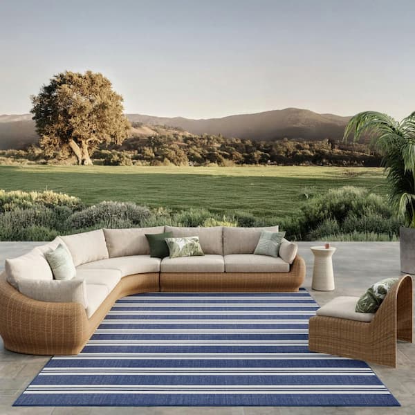 Horizon Indoor/Outdoor Navy 9 ft. x 12 ft. Stripes Contemporary Area Rug