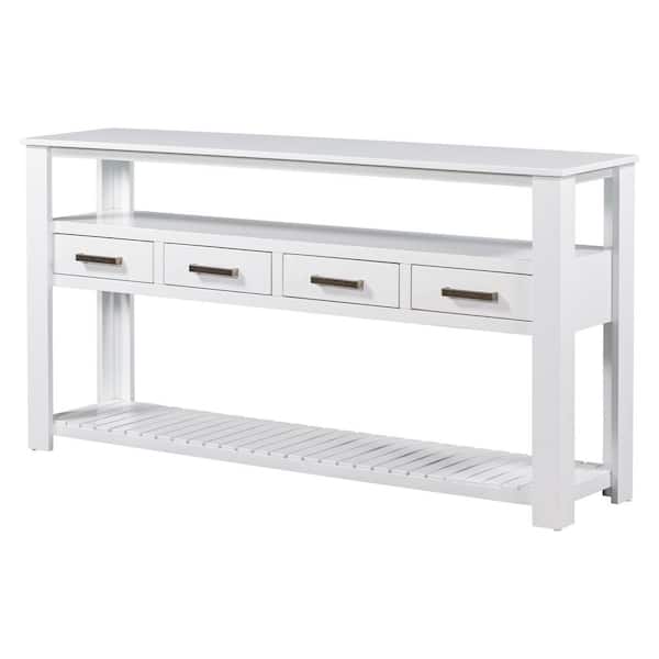 62.2 in. White Rectangle Wood Console Table with 4-Drawers and 2-Shelves