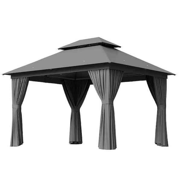 12 ft. x 10 ft. Gray Outdoor Gazebo with Double Roof and Heavy-Duty Metal Frame for Patio and Backyard Shelter