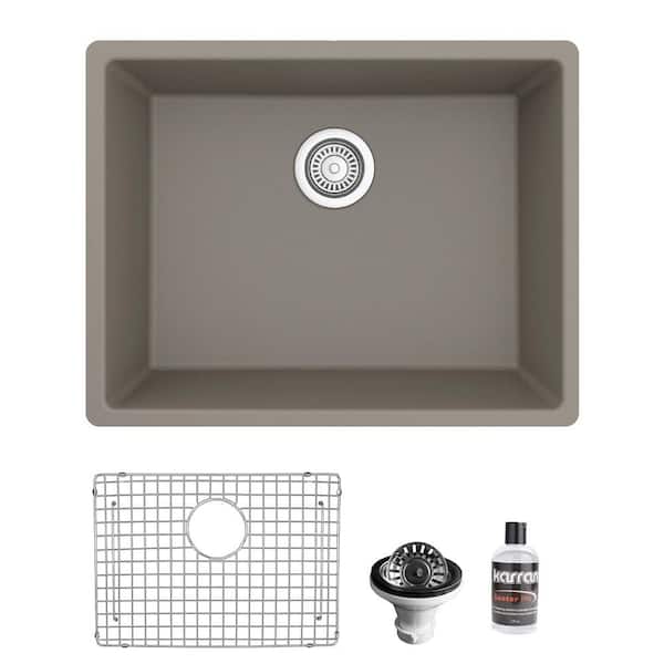 Karran QU- 820 Quartz/Granite 24.38 in. Single Bowl Undermount Kitchen Sink in Concrete with Bottom Grid and Strainer
