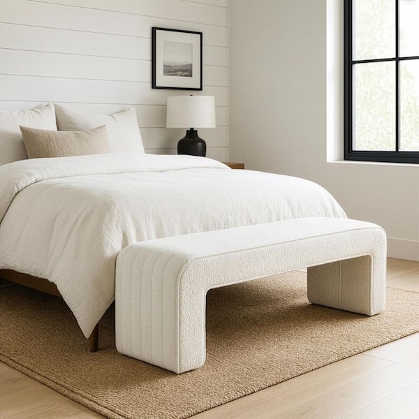 Glamour Home Benicia White 61. 22 in. Bedroom Bench with Boucle Upholstered Fabric Tufted