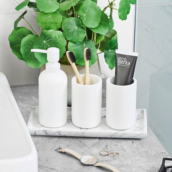 Dracelo 4-Piece Bathroom Accessory Set with Toothbrush Holder, Vanity Tray,  Soap Dispenser, Qtip Holder in Matte Black B0B2VHDRBV - The Home Depot