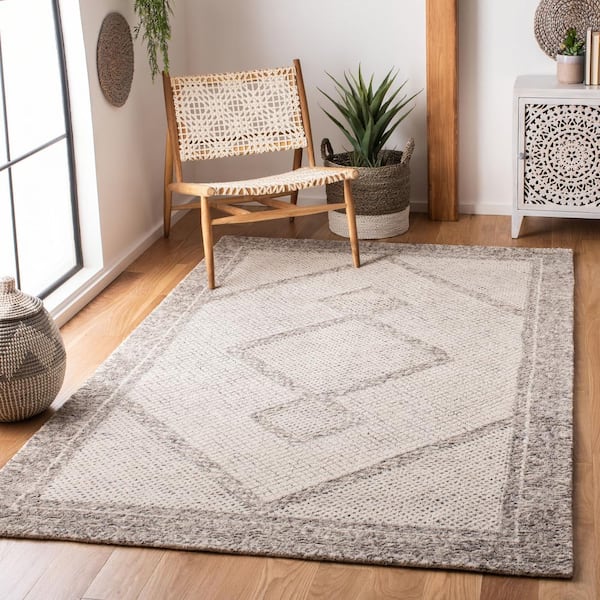 Abstract Ivory/Gray 9 ft. x 12 ft. Geometric Border Area Rug