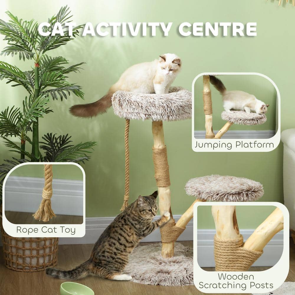 35 Inch Brown Plush and Wood Cat Tree Tower