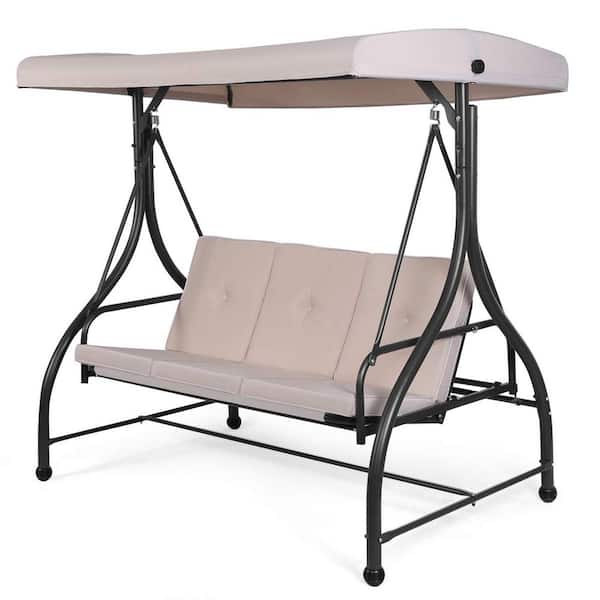 Alpulon 3-Person Black Metal Patio Swing with Beige Cushion