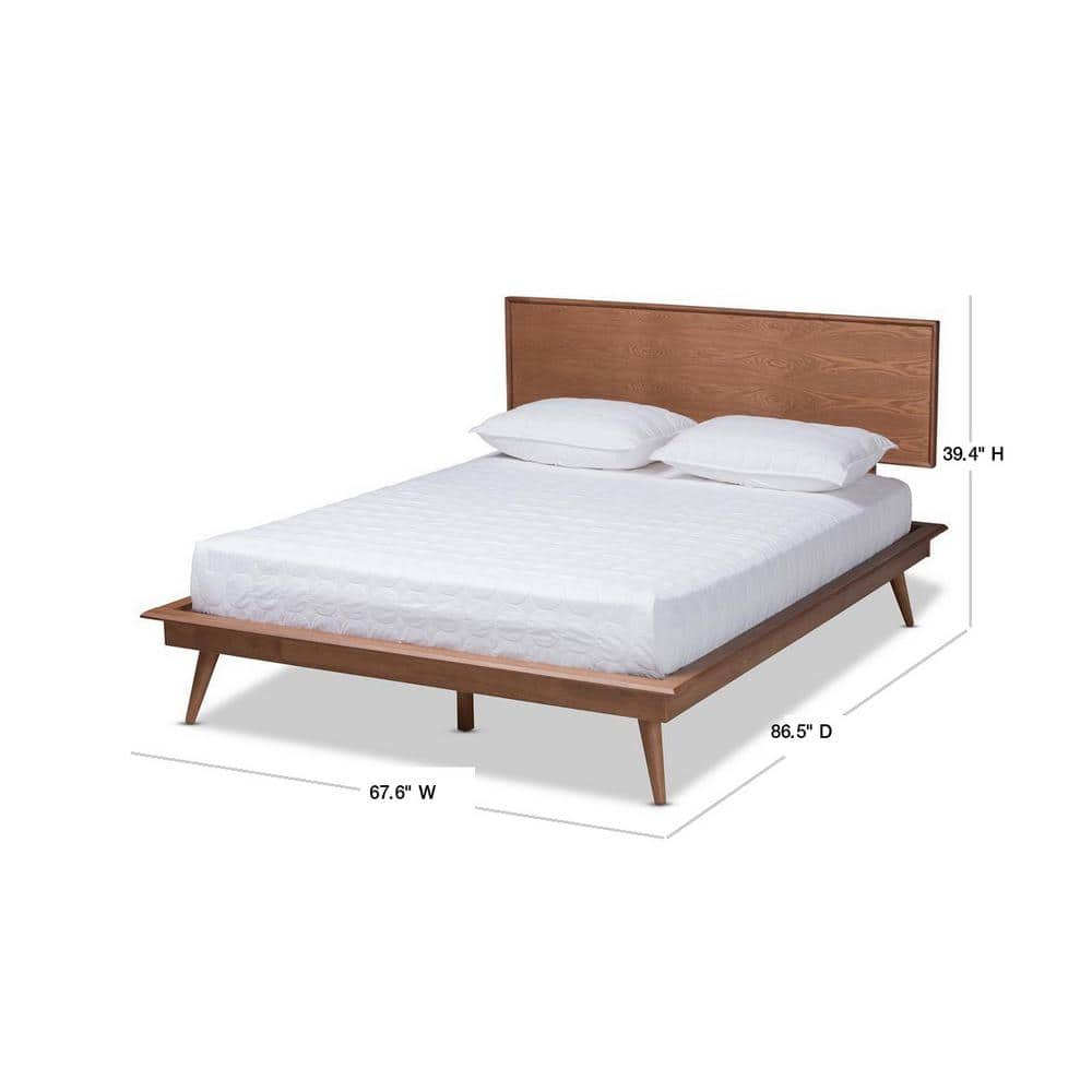 Mid-Century Modern Walnut Brown Queen Bed with Wood Slats