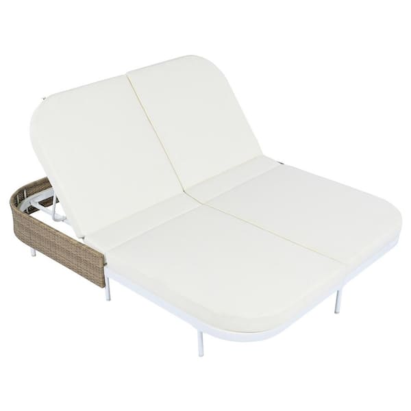White Wicker Outdoor Day Bed with Beige Cushion