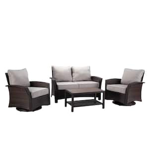 Williamsport 4-Piece Brown Wicker Patio Conversational Set with Grey Cushions and Furniture Covers