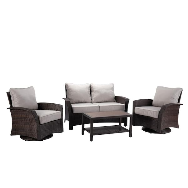 Donglin Williamsport 4-Piece Brown Wicker Patio Conversational Set with Grey Cushions and Furniture Covers