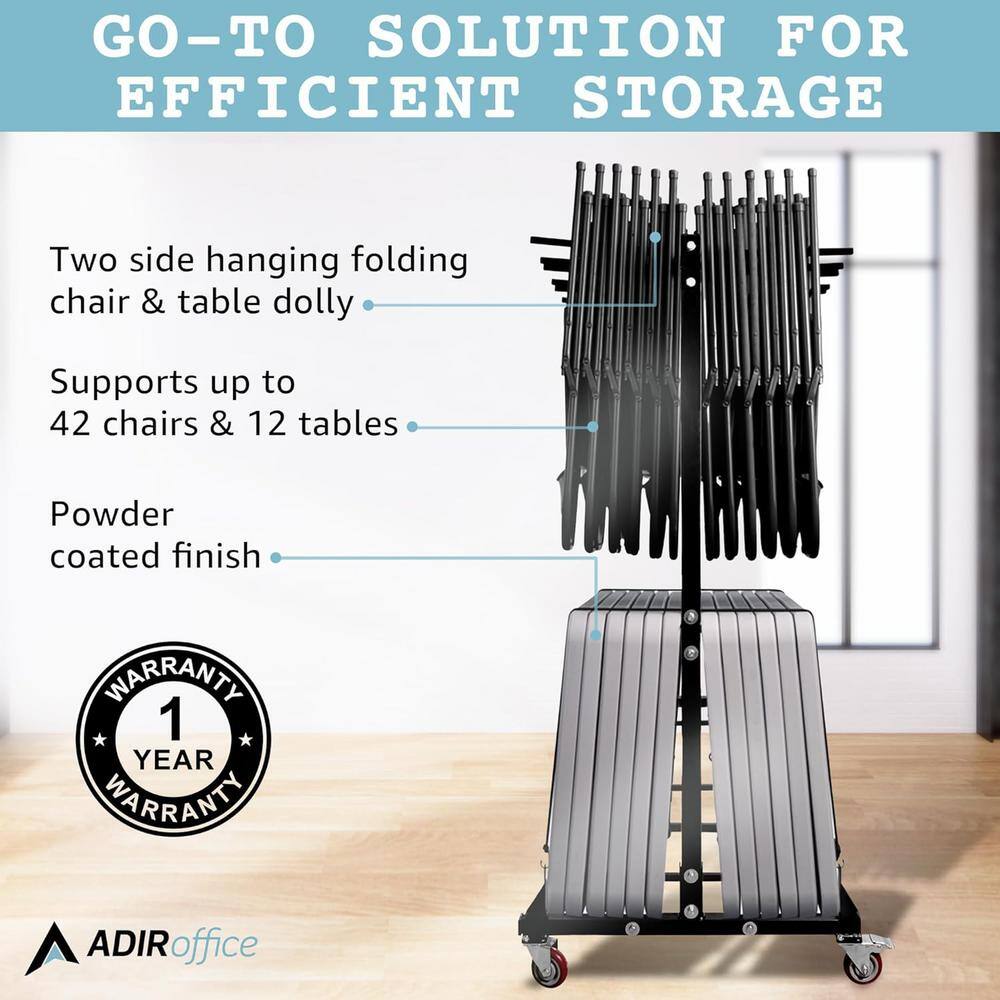 Black Steel Folding Chair and Table Storage Cart with Wheels