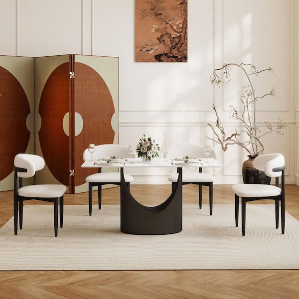 55 in. White Sintered Stone Tabletop with Pedestal Dining Table with Black Base (Seats 4)