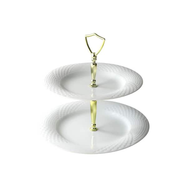 CHINA PEARL 2-Tier Solitaire White Porcelain Cake Stand