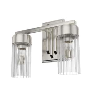 Gatz 13 in. 2-Light Brushed Nickel Vanity Light with Ribbed Glass Shades
