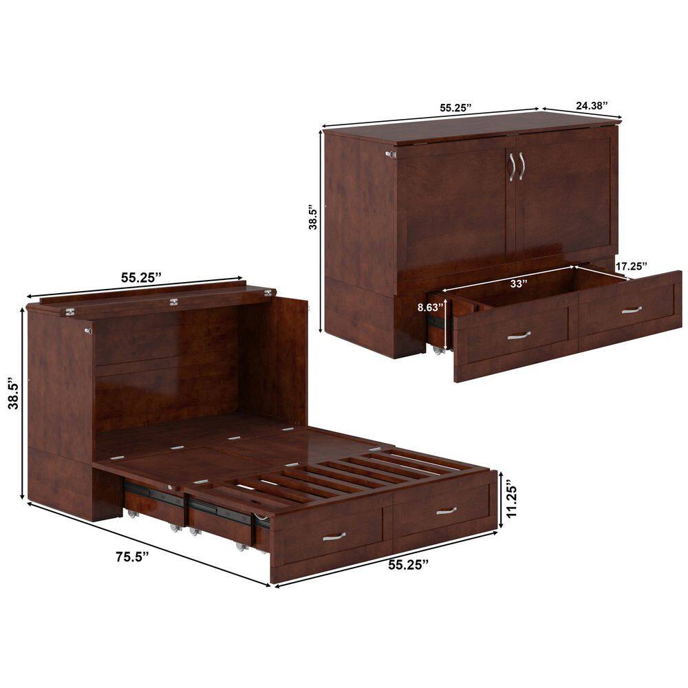 Walnut Full Murphy Bed Chest with Upholstered Wood Frame and Drawer