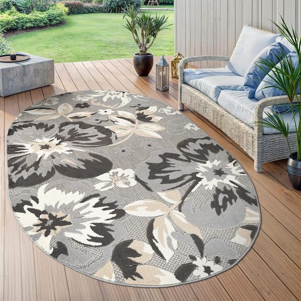 Bergamo Contemporary Floral Gray 5 ft. x 7 ft. OVAL Area Rug