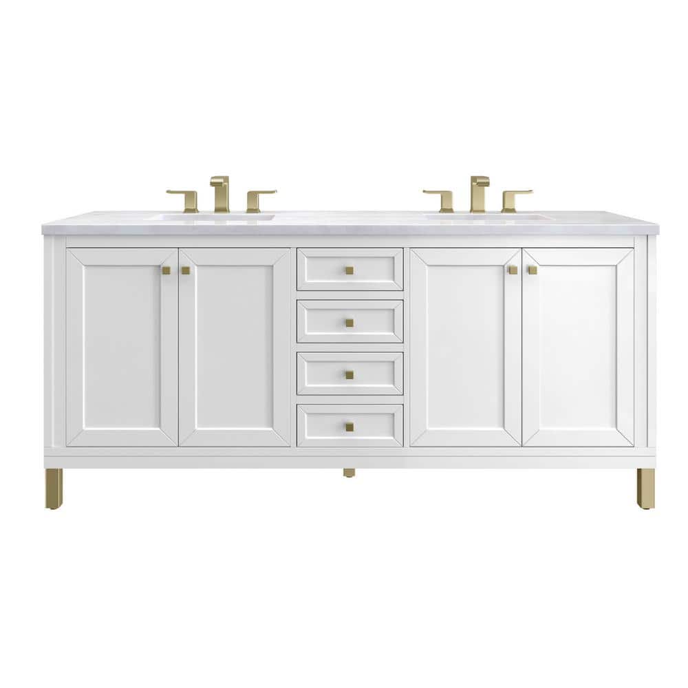James Martin Vanities Chicago 72.0 in. W x 23.5 in. D x 34 in . H Bathroom Vanity in Glossy White with Arctic Fall Solid Surface Top -  305-V72-GW-3AF