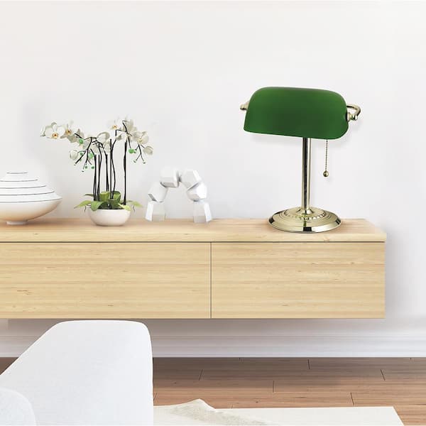 14.5 in. Brass Banker's Desk Lamp with Green Shade