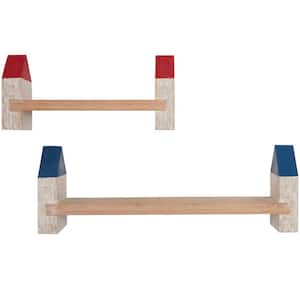 23.65 in x 6.10 in Multi Colored Whitewashed Wood Light House Decorative Wall Shelf with Red and Blue Accents (Set of 2)