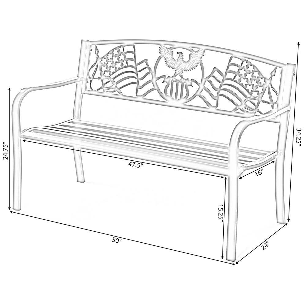 Black Steel Outdoor Patio Bench with Cast Iron American Flag Backrest