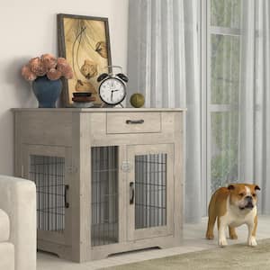 Grey Furniture Style Dog Crate End Table with Drawer Pet Kennels with Double Doors Dog House Indoor Use Weathered