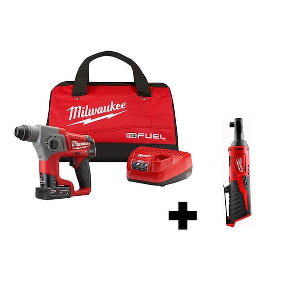 Milwaukee M12 FUEL 12-Volt Lithium-Ion 5/8 in. Brushless Cordless SDS-Plus Rotary Hammer Kit with M12 3/8 in. Ratchet