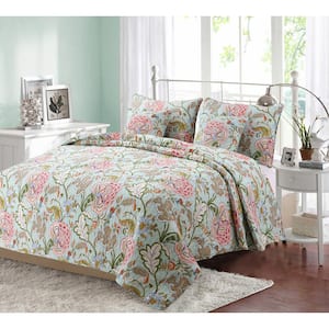 Blooming Camellia Flower Garden 3-Piece Multicolored Red Coral Sage Green Cotton King Quilt Bedding Set
