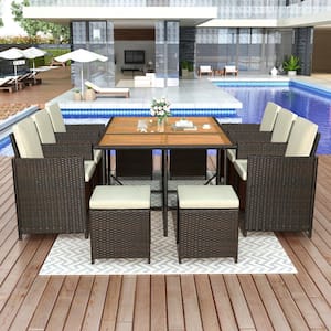 11-Piece All-Weather PE Wicker Patio Conversation Set with Wood Tabletop for 10, Beige Cushion