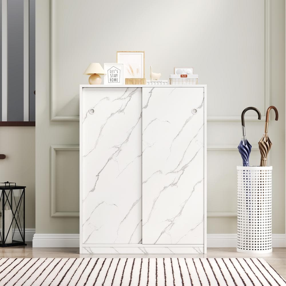 White Marble Sliding Door Shoe Cabinet with Adjustable Shelves