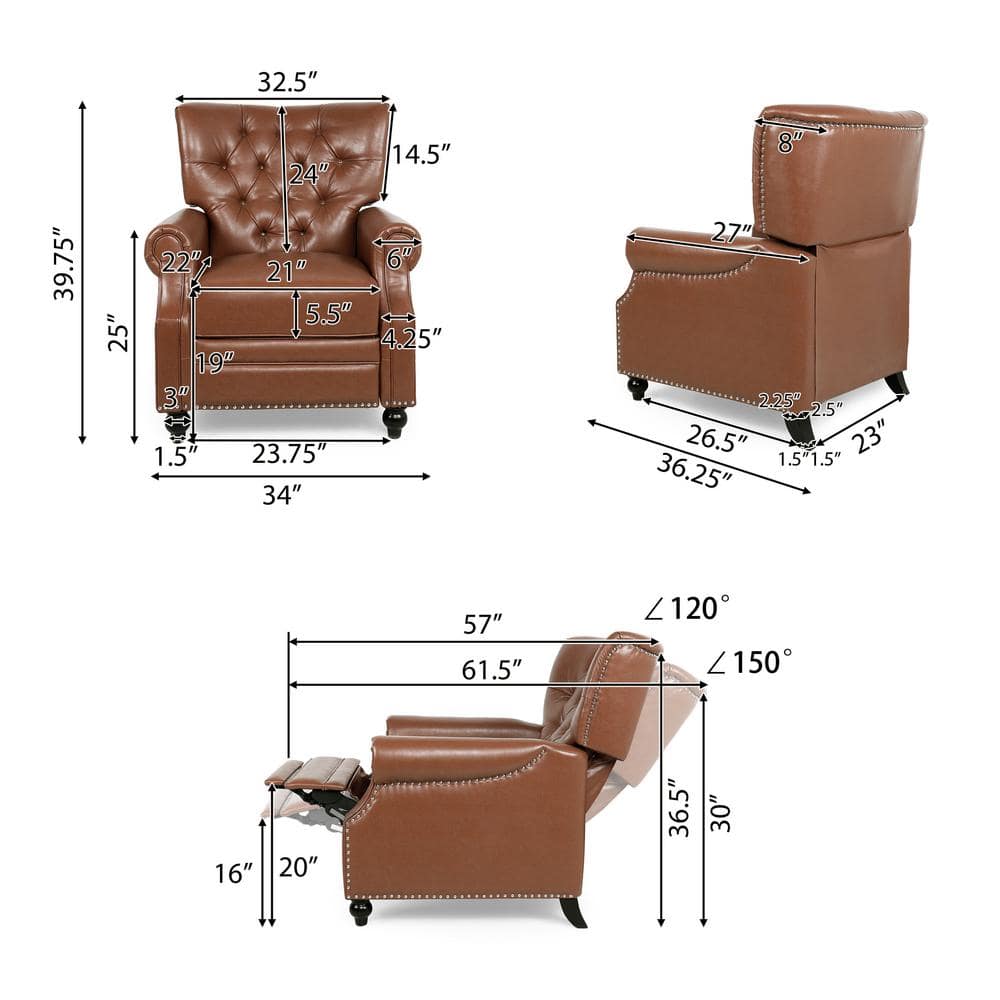 Cognac Brown Elegance Faux Leather Wood Club Recliner