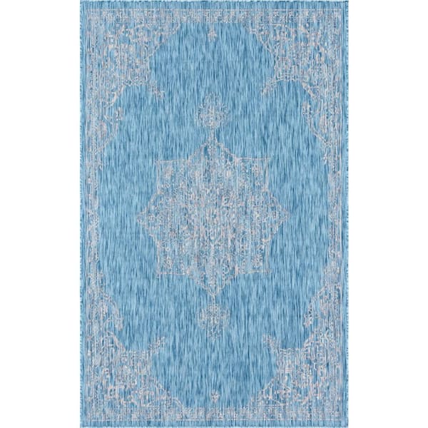Unique Loom Aqua Blue Antique Outdoor 4 ft. x 6 ft. Area Rug