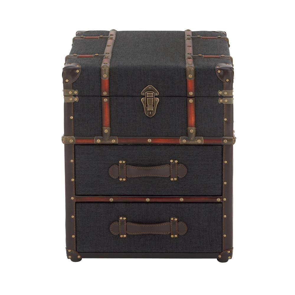 Dark Blue Linen Upholstered Wood End Table with Storage